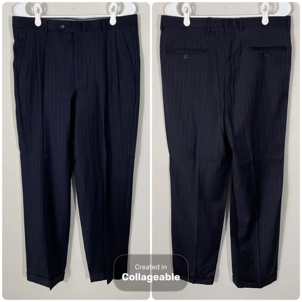Hickey Freeman Midnight Navy Rope Stripe Suit 40R Pants 34 X 31